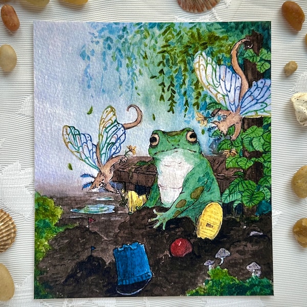 Frog Boy at Play Art Print | Watercolour | Frog Art | Cottage Core | Signed Print