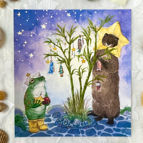 Wish Upon A Star Art Print | Watercolour | Frog Art | Otter Art | Cottage Core | Signed Print