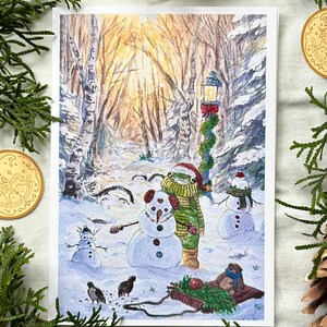 Lot de 5 cartes de vœux | Un garçon grenouille fait des oursons des neiges - Fêtes | Carte de Noël