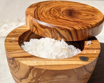 jalz jalz Olive Wood Salt Box and Cellar Solid Wood Condiment Pots with Mini Spoon,Kitchen Salt Pepper Spice Storage Container