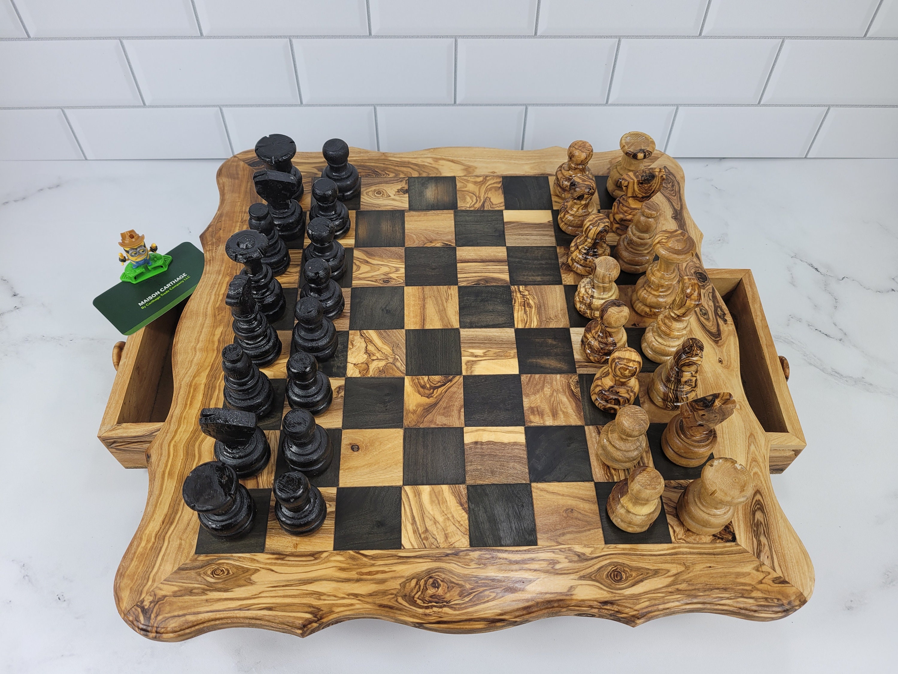 Large Olive wood Chess Board 16 x 16 Rustic Live Edge with 32  hand-crafted chess pieces + handmade Bag for pieces