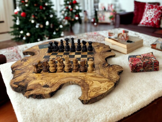 Olive Wood Rustic Chess Board Set with Resin Finish - Qartaj