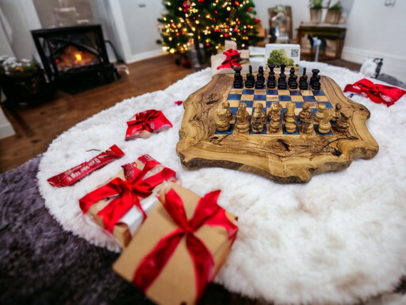 Olive Wood Rustic Chess Board Set with Resin Finish - Qartaj