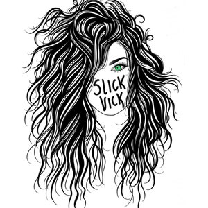 May include: Black and white illustration of a woman with long, curly hair. The woman's face is partially obscured by the text "SLICK VICK". The text "THE MEAT SUIT GUIDE TO HAPPINESS" is at the top of the image. The text "FINDING YOUR JOY: VOLUME I" is at the bottom of the image. The text "BY: VICTORIA MAGYAR" is below the previous text.