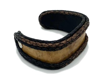 Black Brown Leather Cuff - Olive Ash Burl Inset