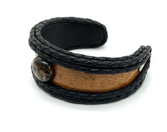 Black Leather - Hawaiian Koa wood inlay, Obsidian center stone bracelet.