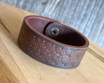 Brown Leather Cuff with Snap Closure, Leather Lining. Hand Cut, Hand Stamped, Handmade. -Skulls