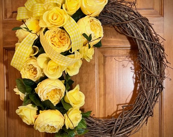 Peony Wreath, Peonies and Roses, Summer Floral Wreath, Yellow Peonies