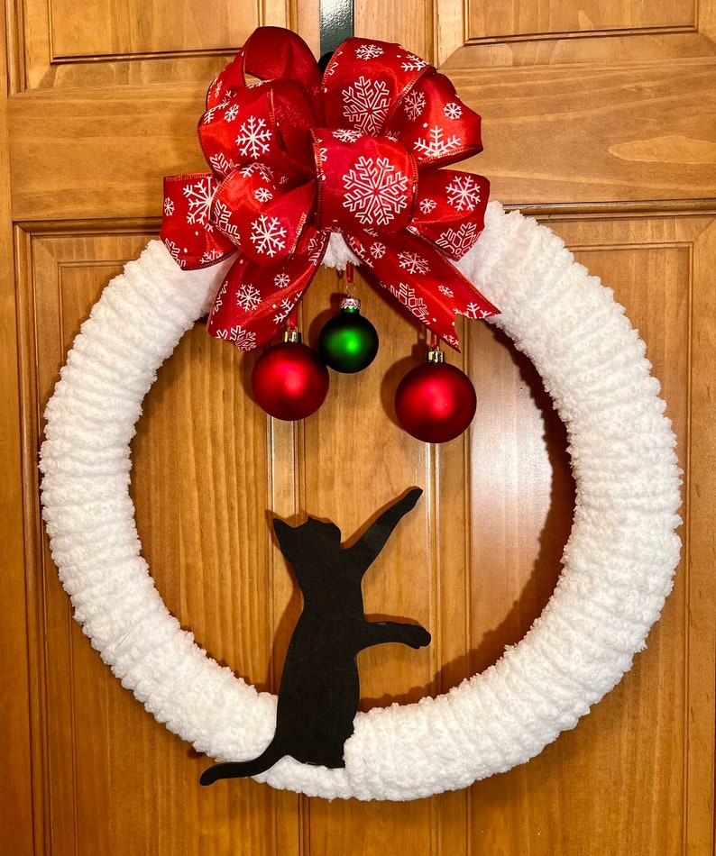 Cat Christmas Wreath Cat Wreath Cat Reaching for Christmas Etsy