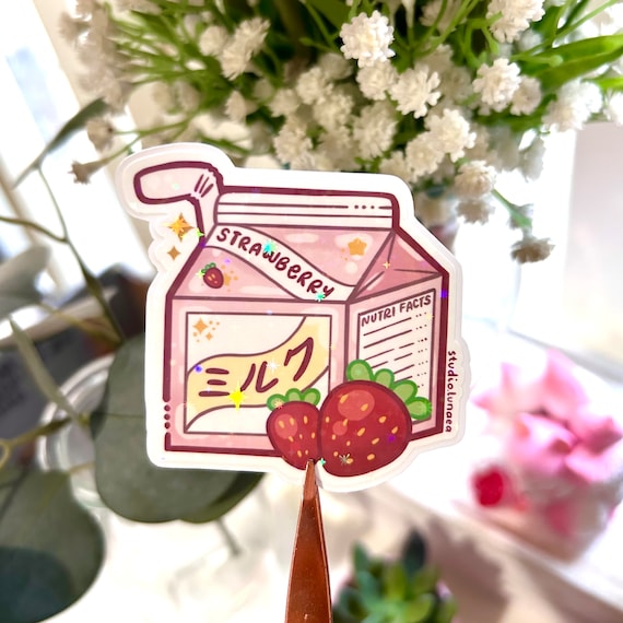 Strawberry Milk | Kawaii Milk Carton | Vinyl Holographic Stickers | Tumbler stickers | Laptop stickers | Phone case stickers