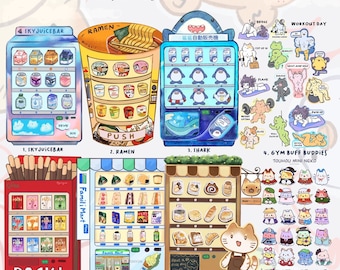 Vending Machine sticker sheet (Pocky, Family Mart, Shark, Skyjuicebar, gym buff buddies, Cat cafe, touhou)