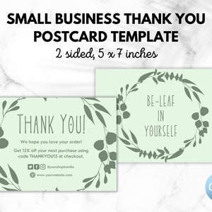 Modèle de carte postale de remerciement de plantes vertes pour les petites entreprises | Cartes de remerciement personnalisées | Modèle de carte de remerciement Canva | Boutique Merci