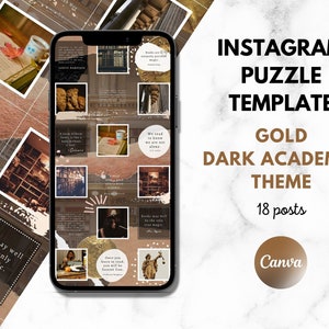 Peut inclure: Une maquette numérique d'un modèle de puzzle Instagram sur le thème de l'académie sombre. Le modèle comprend 18 publications avec des images de livres, des citations et d'autres images sur le thème de l'académie. Le modèle est conçu dans un schéma de couleurs or et brun.