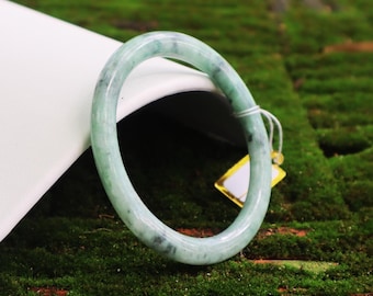 58mm Grade A Jadeite Bangle: Icy Celadon Green with Ink Splatter