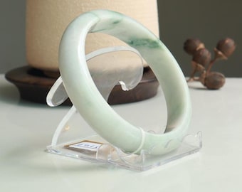 58mm Burmese Jade Bangle: Icy White & Emerald Green, Polished Round Bracelet