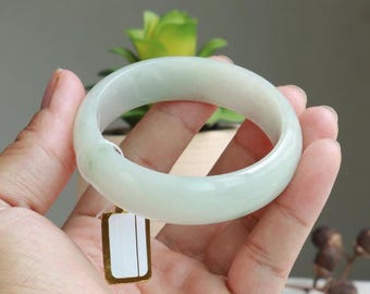 55mm Natural Grade A Burmese Jade Bangle – White Green Untreated Stone | Elegant Luck & Protection Jewelry