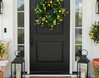 Corona de limones de verano para la puerta principal, corona de cítricos para exteriores, decoración brillante para el porche, adorno para la puerta de entrada en verano, decoración para el recibidor.