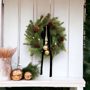 Winter Faux Pine Wreath with Black Velvet Ribbon and Bells, Holiday Wreath, Classic Christmas Wreath, Realistic Pine Wreath, EvergreenWreath