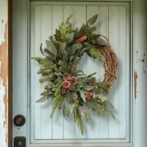 Corona navideña de media luna, pino artificial, eucalipto, follaje, piñas, decoración navideña de invierno, estilo rústico boscoso, adorno de puerta de hoja perenne. imagen 1