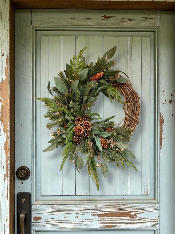 Winter Faux Pine and Eucalyptus Wreath, Holiday Wreath, Classic Christmas Wreath, Realistic Pine Wreath, Evergreen and pinecone crescent