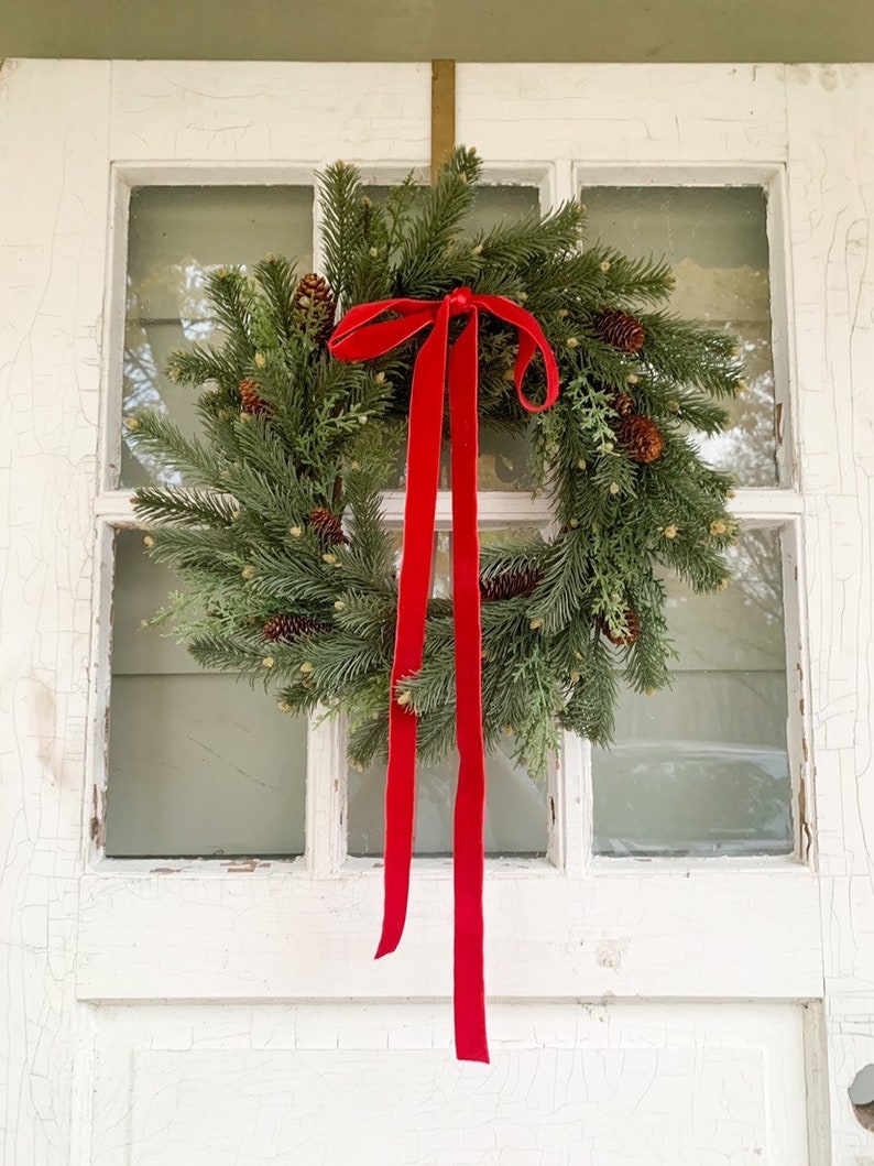 Rustic Winter Pine Wreath With Red Velvet Ribbon, Holiday Wreath ...