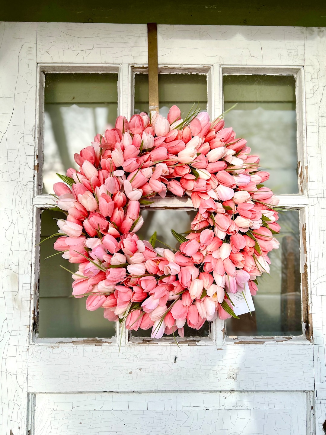 Tulip Wreath Pink Floral Spring Wreath Cottage Garden Style Entryway ...