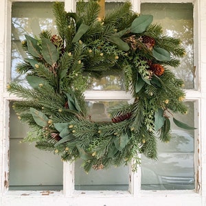 Rustic Winter Pine and Eucalyptus Wreath, Holiday Wreath, Woodland Christmas Wreath, Realistic Pine Wreath, Evergreen Wreath