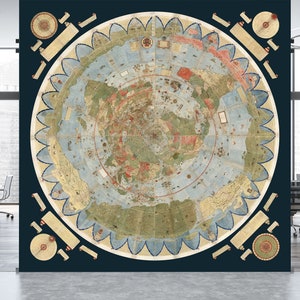 May include: A vintage world map printed on a dark blue background. The map is circular and shows the continents in a stylized, pre-modern style. The map is surrounded by a decorative border of scrolls and compass roses.