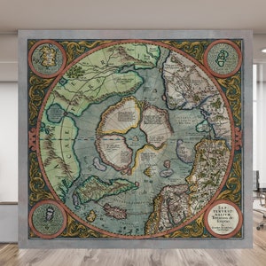 May include: An antique map of the Arctic region, printed in shades of green, blue, and brown. The map is surrounded by a decorative gold frame with intricate details. The text on the map reads "SEPTENTRIO.  SALVVM.  Territorium de Groenlandia."