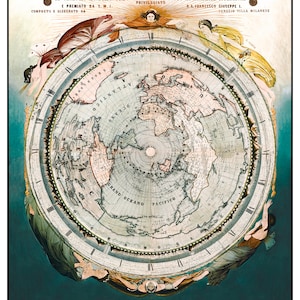 May include: A vintage map of the world with a circular design. The map is surrounded by a clock face with Roman numerals and a depiction of the Earth being held by four figures. The title of the map is "NUOVO PLANISFERIO COSMOGRAFICO OROGRAFICO UNIVERSALE".