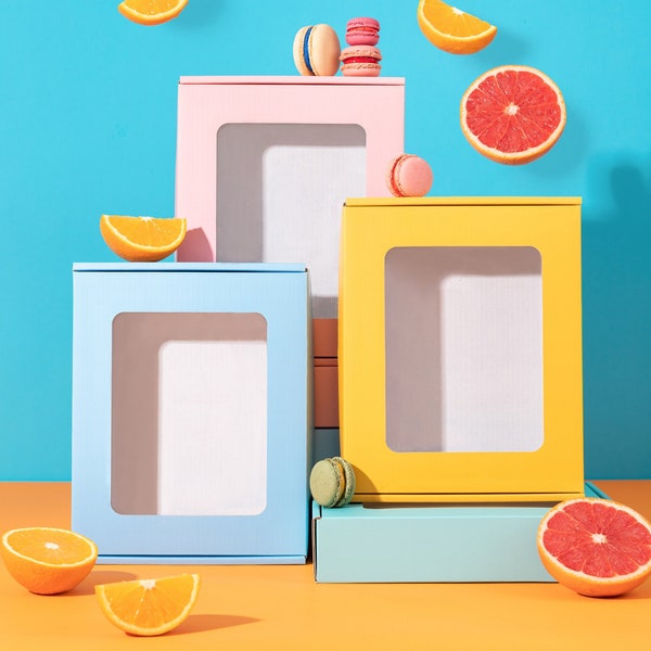 Stunning Corrugated Cardboard Boxes with Window-Perfect for Cakes, Cookies, and Gifts-Pink, Blue, Green, Yellow - 9.75x7.5x2 Inches-Set of 3