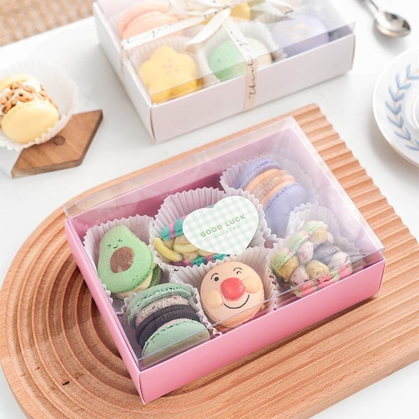 Rosa / Weiß mit transparentem Deckel Kuchenschachteln - Macaron Verpackung - Gebäckschachteln mit Fenster - Keksschachteln
