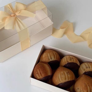 Caixas de padaria amarelas claras com tampa transparente - Embalagem para macarons - Caixas de guloseimas com janela - Caixas para biscoitos - 7,25 x 4 x 4/5,25 x 4 x 4 polegadas - Pacote com 5