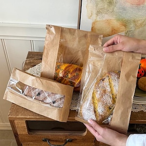 Sacs à pain kraft avec fenêtre transparente | Emballage de boulangerie respectueux de l'environnement pour le levain, baguettes, croissants et pâtisseries-Lot de 25