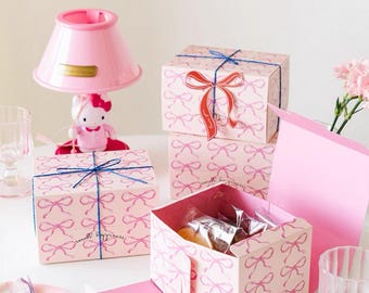 Pink Bow Bakery Boxes for Cookies, Pastries – Set of 5 (6.3x4.7x3.9 in)