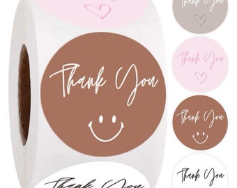 Thank You Stickers, Pink/Brown/White, 1 inch, 500 Roll
