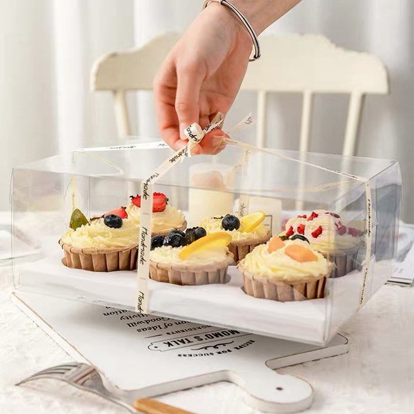 Clear Cupcake Boxes hold 4/6 /12 Holes- Clear Window with White/Black Cardboard Insert - See Through Muffin Boxes- Set of 5 Cupcake Boxes