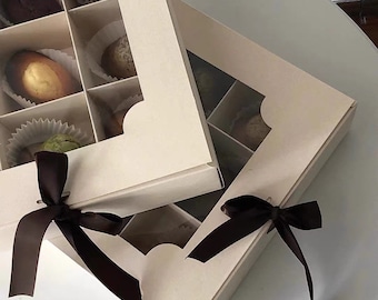 Off White Pastry Boxes with Window and Ribbon – 4, 6, 9 Compartment Bakery Packaging (Pack of 5)