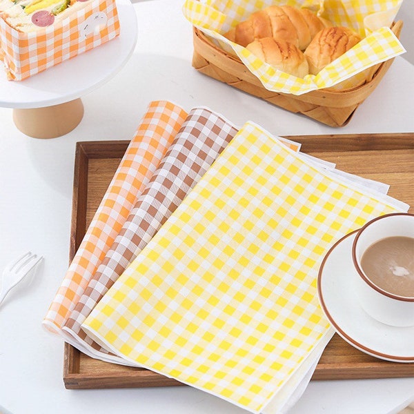 Yellow Brown Orange Checked Wax Paper/Checked Deli Print Wrap Paper for Cookies, Donuts, Bread, Cakes-50 Sheets-15" x 11"
