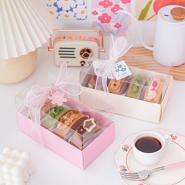 Cajas de macarrones con tapa transparente - Rosa y amarillo (paquete de 5)