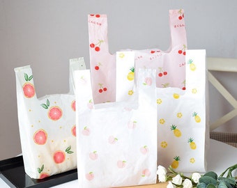 Fruit Print T-Shirt Bags for Bakery Food and Gift Packaging - 10 Pack