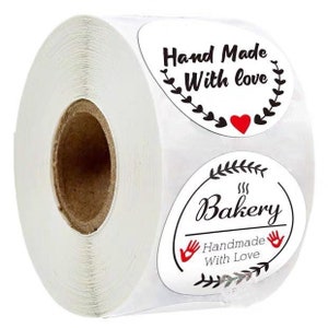 Autocollants de boulangerie - « Boulangerie faite à la main avec amour » Autocollants pour les petites entreprises / boulangerie, autocollants de boulangerie-rouleau de 500pcs -1 pouce