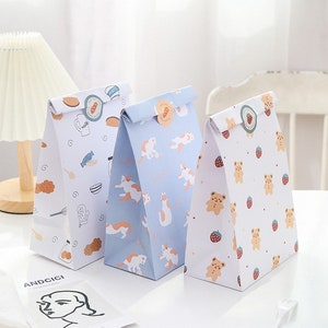 Thick Blue/White Cartoon Cat/Bear/Bakery Paper Bags / Cookies Paper Bags / Treat Paper Bags/ Party Bags/ Picnic Bags- Set of 10 -10.5x6x3.5&quot;