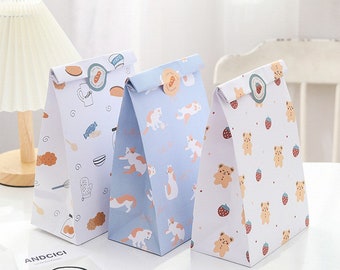 Cartoon Cat and Bear Paper Treat Bags for Bakery Party Favors - Set of 10