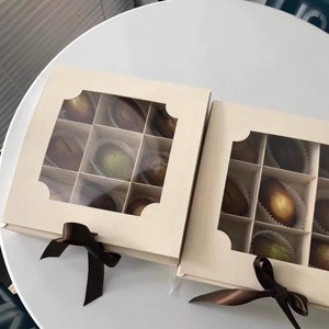 Off White Pastry Boxes with Windows and Brown Ribbon-4 compartment box/6-compartment box/9-compartment box-Partitioned cookies box-Pack of 5