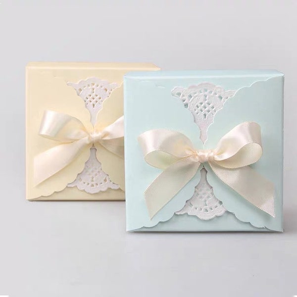 Pink/Blue/Yellow/Brown Kraft Box with Bow Ribbon -Favor Boxes, Gift Boxes, Cake Boxes, Bakery Boxes-3.5x3.5x2-Set of 5