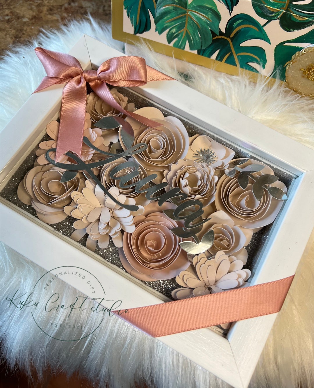 5x7 Personalized Pink Shadow Box, 3D Roses, Personalized Gift, Ombre