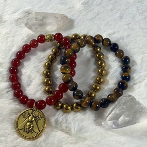 Gemstone Bracelet- Carnelian, Tiger Eye, Hermatite and “Ancient Greek Coin Style” charm