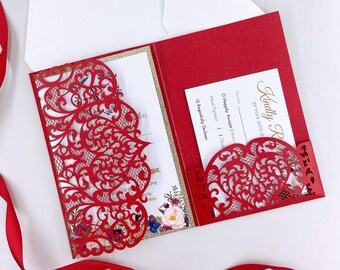 Classic Laser Red Wedding Invitations, Floral Laser Pocket With Boetie, Customized Insert&RSVP Card {Free Infinite Design Before Pay}