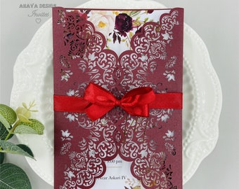 Fancy Burgundy Floral Laser Cut Wedding Invites Set With Bowtie, Customized Insert&Envelope Are Included {Free Infinite Design Before Pay}